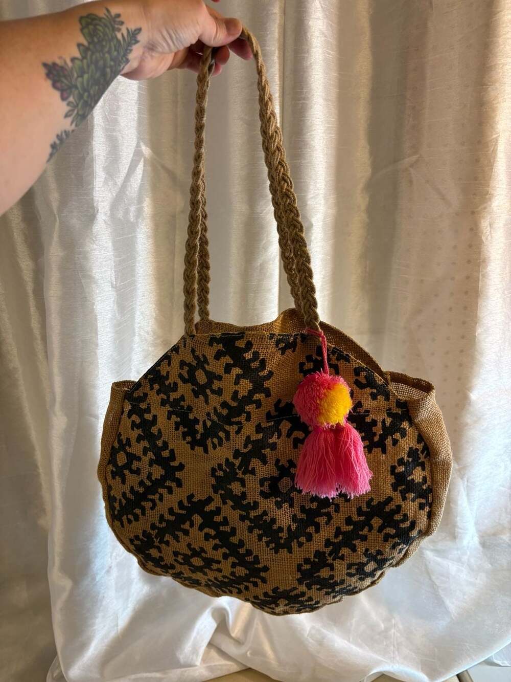 Jute Round Tote Bag with Black Geometric Print and Pink Tassel